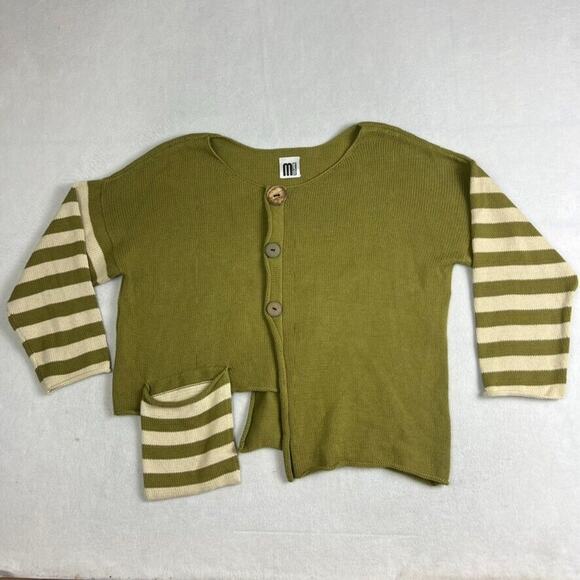M Square Sweater Knit Women OS Green Asymmetrical Pullover Striped Sleeve Pocket - Picture 2 of 8
